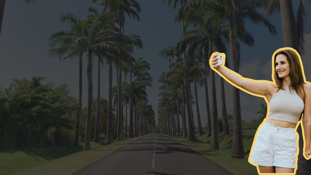 Blog d’actualité digitale autour du voyage - allée palmier femme selfie
